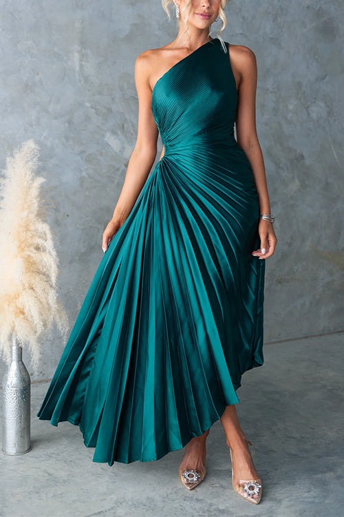 Camilladress One Shoulder Cut Out Waist Pleated Satin Maxi Dress