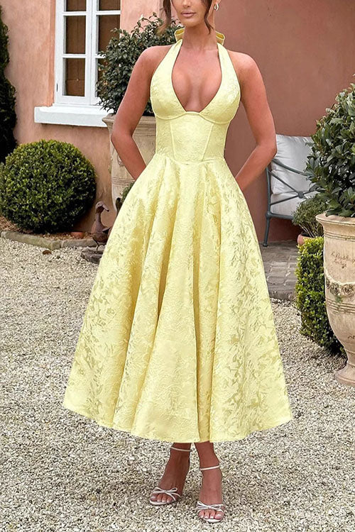 Camilladress Halter V Neck Waisted Jacquard Swing Midi Party Dress