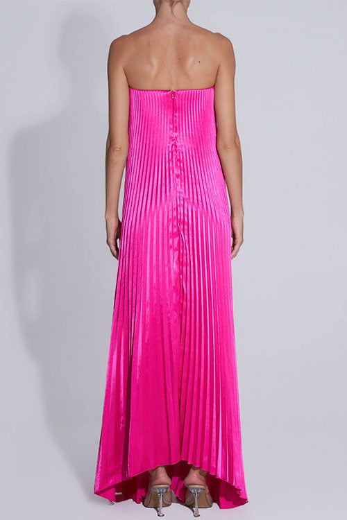 Strapless V Neck Pleated Maxi Party Dress