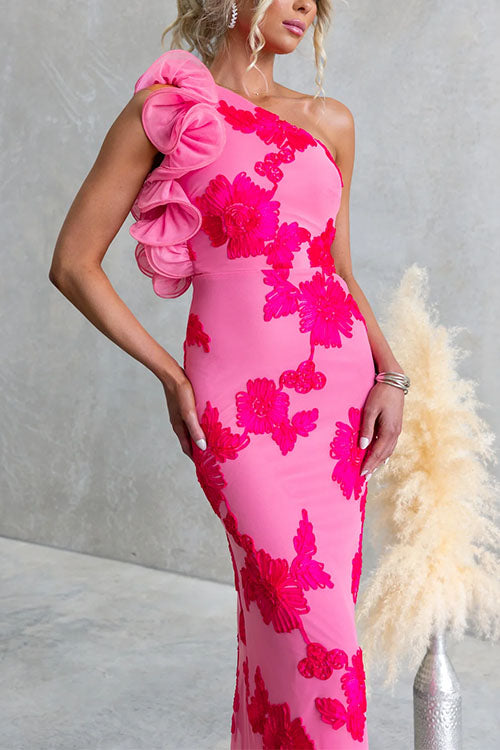 Chic Ruffle One Shoulder Sleeveless Floral Mesh Maxi Dress
