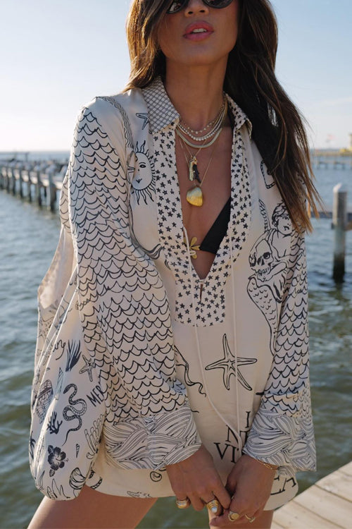 Camilladress Collared V Neck Shirt and Side Slit Shorts Vitamin Sea Print Set