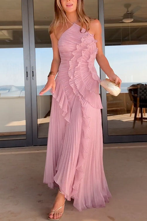 Camilladress Strappy Halter Neck Ruffle Trim Asymmetric Hem Pleated Maxi Dress