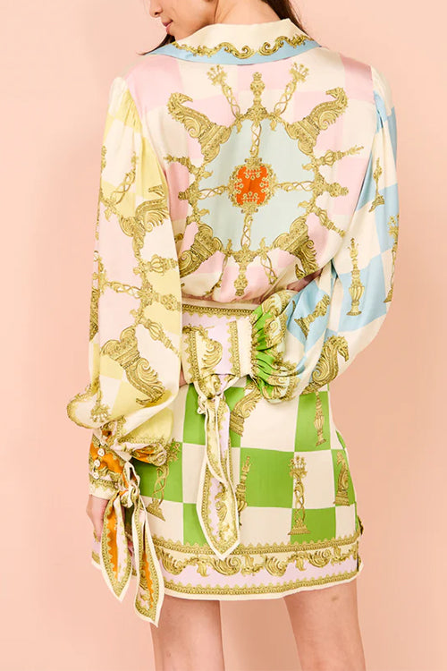 Camilladress Long Sleeves Button Up Tie Waist Unique Print Wrap Mini Dress