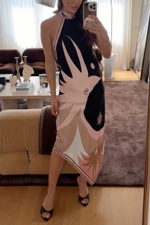 Camilladress Halter Neck Open Back Asymmetric Hem Printed Satin Midi Dress