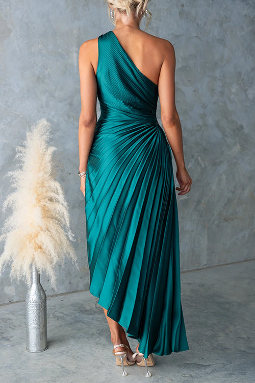 Camilladress One Shoulder Cut Out Waist Pleated Satin Maxi Dress