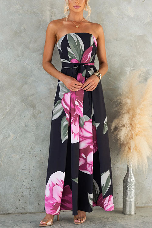 Strapless Tie Waist Wide Leg Floral Print Jumpsuit