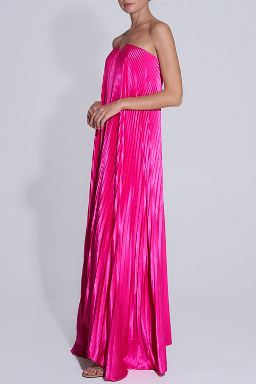 Strapless V Neck Pleated Maxi Party Dress