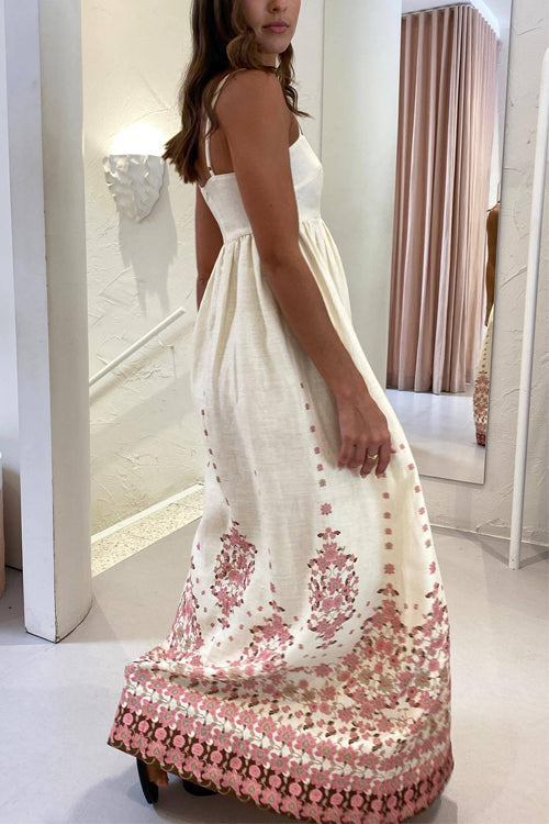 Camilladress Spaghetti Strap High Waist Floral Print Cotton Linen Maxi Dress