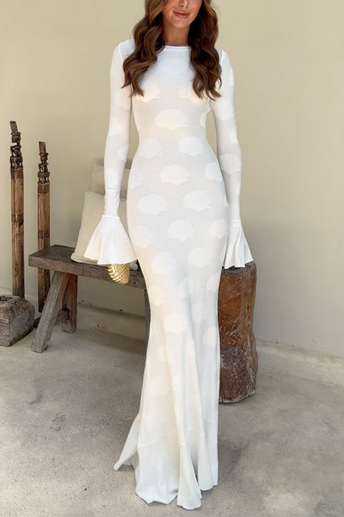 Camilladress Bell Long Sleeves Backless Lace-up Shell Print Maxi Dress