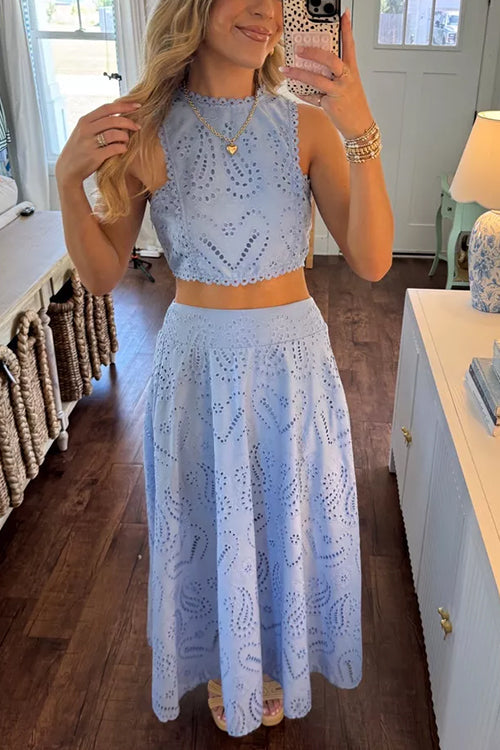 Camilladress Lace Hollow Out Sleeveless Crop Top High Waist Maxi Skirt Set