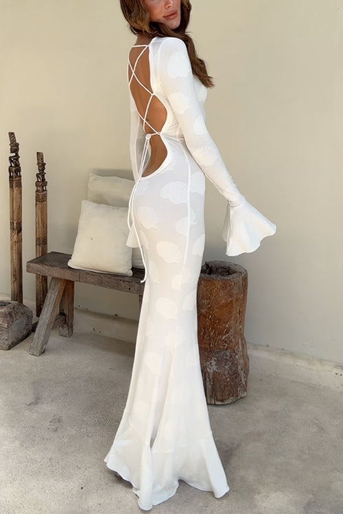 Camilladress Bell Long Sleeves Backless Lace-up Shell Print Maxi Dress