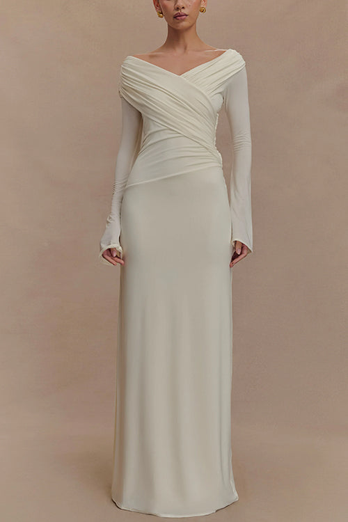 Elegant Off Shoulder Long Sleeves Ruched Maxi Dress