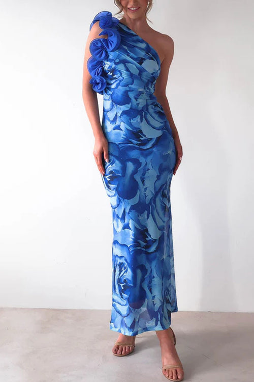 Camilladress Ruffle One Shoulder Floral Print Bodycon Maxi Dress