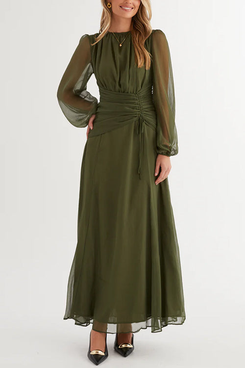 Long Sleeves Ruched Drawstring Waist Maxi Dress
