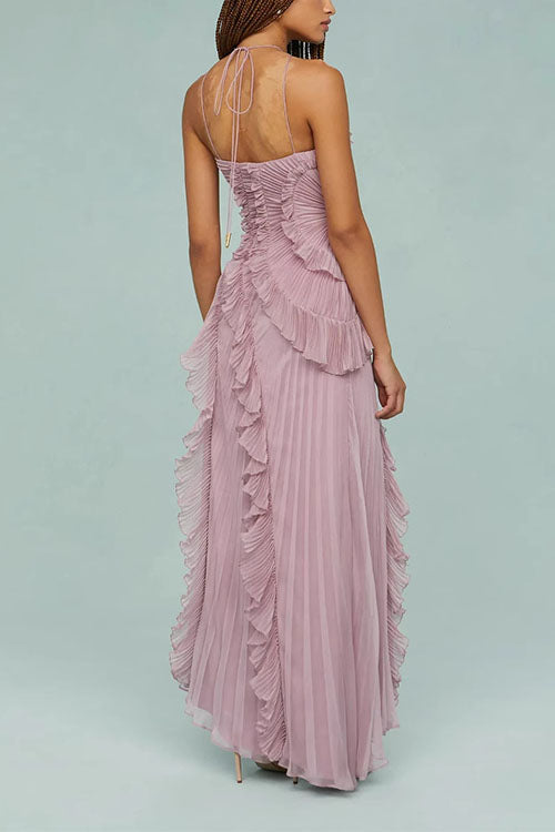 Camilladress Strappy Halter Neck Ruffle Trim Asymmetric Hem Pleated Maxi Dress