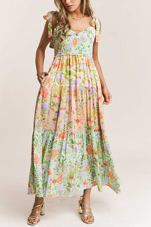 Camilladress V Neck Bow Shoulder Tiered Floral Print Maxi Dress