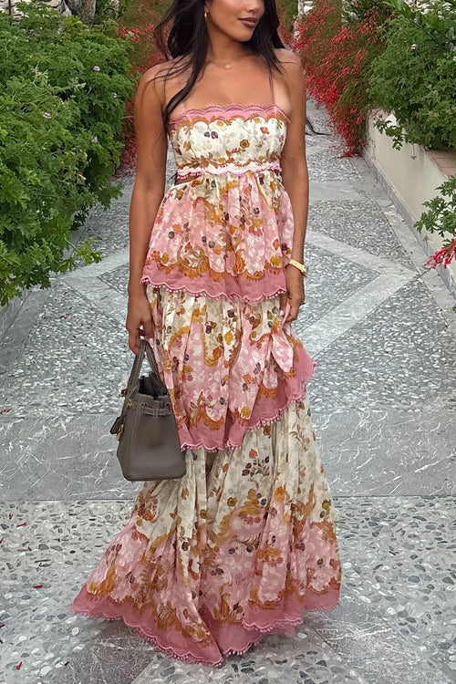 Camilladress Spaghetti Strap Back Lace-up Ruffle Layered Floral Print Maxi Dress