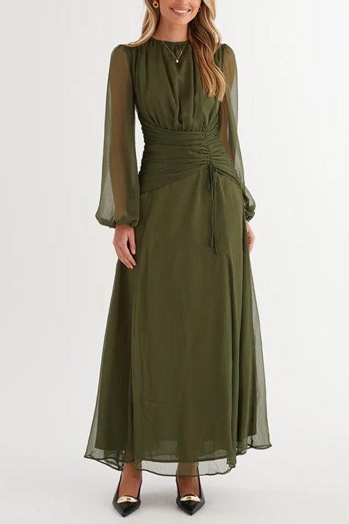 Long Sleeves Ruched Drawstring Waist Maxi Dress