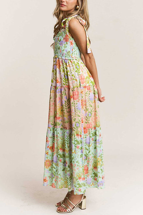 Camilladress V Neck Bow Shoulder Tiered Floral Print Maxi Dress