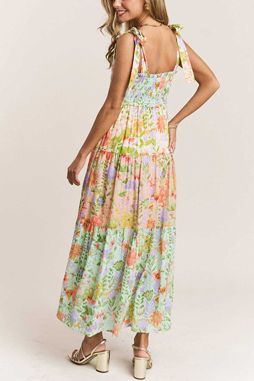 Camilladress V Neck Bow Shoulder Tiered Floral Print Maxi Dress