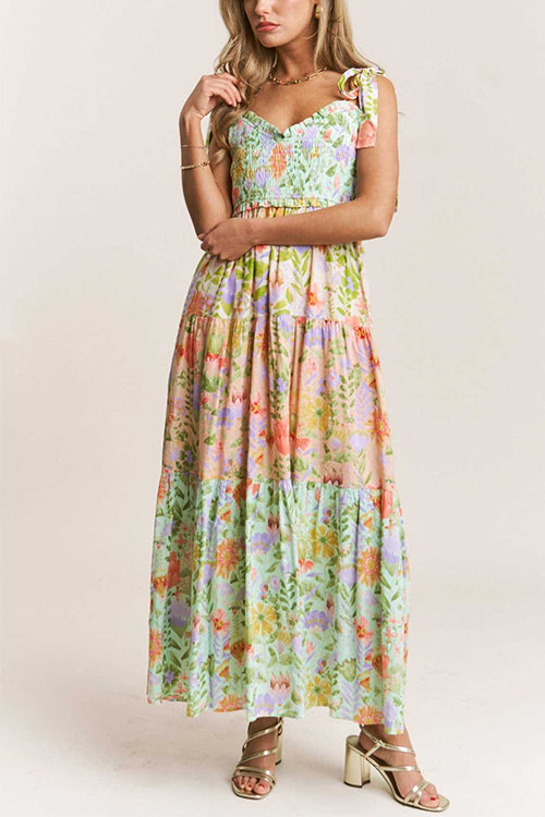 Camilladress V Neck Bow Shoulder Tiered Floral Print Maxi Dress