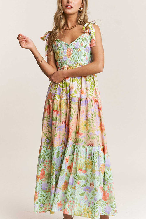Camilladress V Neck Bow Shoulder Tiered Floral Print Maxi Dress