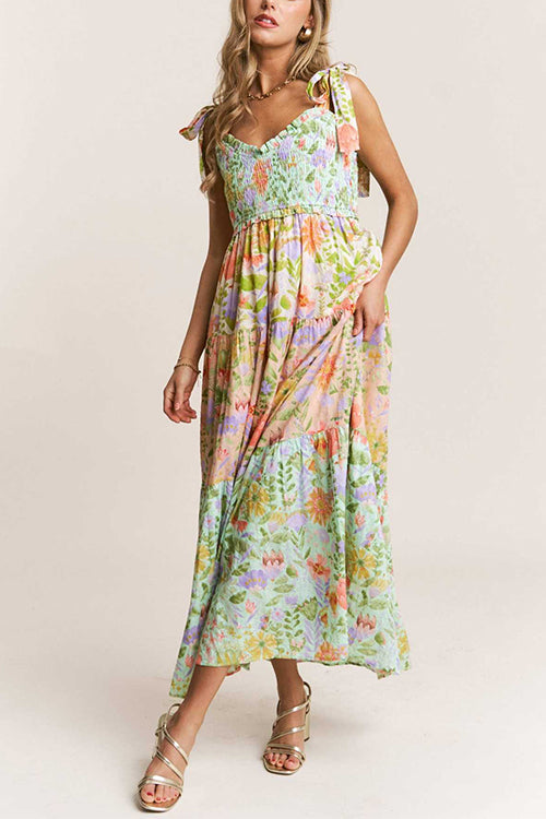 Camilladress V Neck Bow Shoulder Tiered Floral Print Maxi Dress