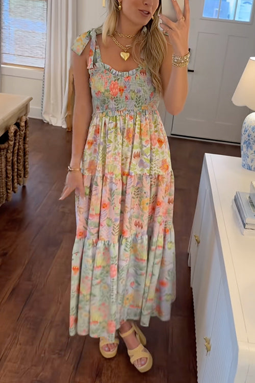 Camilladress V Neck Bow Shoulder Tiered Floral Print Maxi Dress