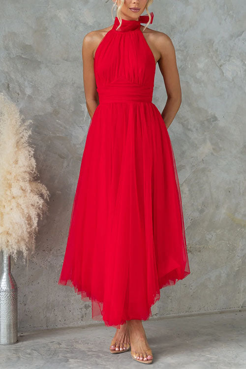 Camilladress Bow Knot Halter Open Back Tulle Maxi Dress