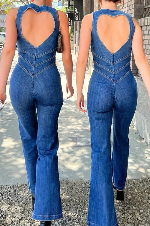 Camilladress Zip Up Sleeveless Heart Back Bell Bottom Denim Jumpsuit