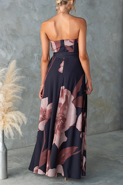 Strapless Tie Waist Floral Print Flowy Maxi Dress