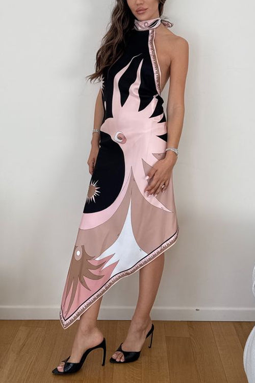 Camilladress Halter Neck Open Back Asymmetric Hem Printed Satin Midi Dress