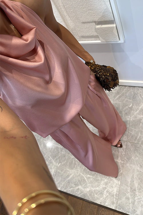 Cowl Neck Sleeveless Top and Wide Leg Pocketed Pants Satin Set