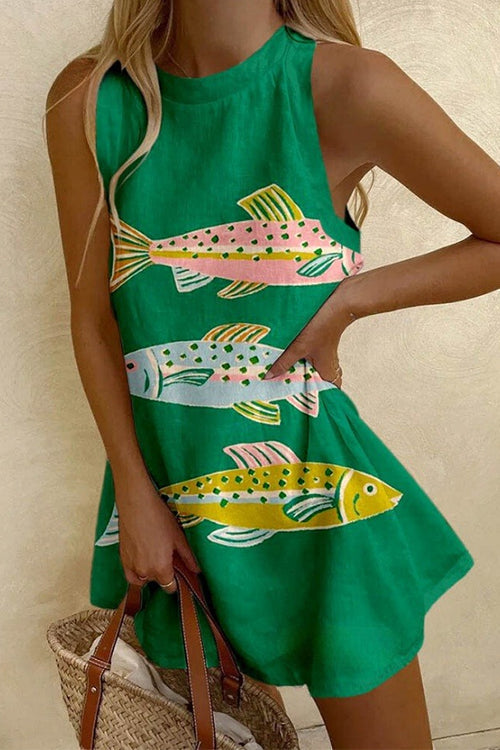 Camilladress Crewneck Sleeveless Fish Print Mini Beach Dress