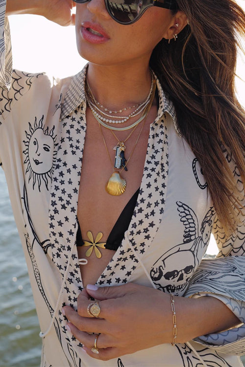 Camilladress Collared V Neck Shirt and Side Slit Shorts Vitamin Sea Print Set