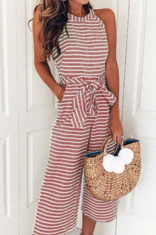 Camilladress Sleeveless Knot Waist Striped Wide Leg Jumpsuit