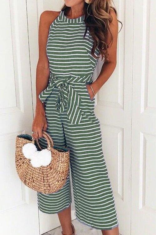 Camilladress Sleeveless Knot Waist Striped Wide Leg Jumpsuit