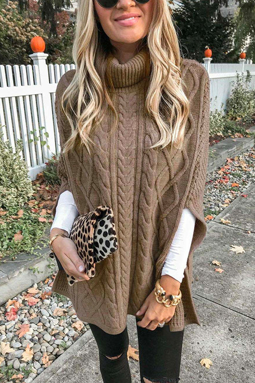 Camilladress Elegant Turtleneck Slit Sleeve Cable Knit Cloak Sweater
