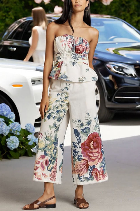 Camilladress Floral Print Strapless Ruffle Tube Top and Smocked Waist Wide Leg Pants