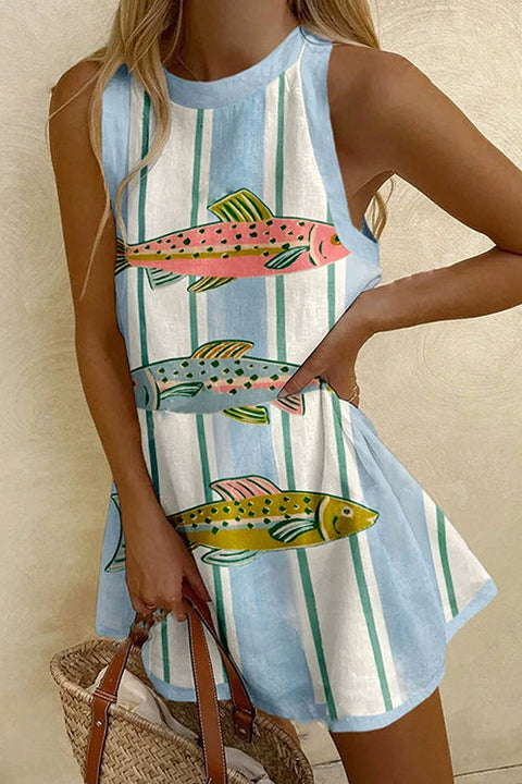 Camilladress Sleeveless Fish Print Striped Casual Mini Dress