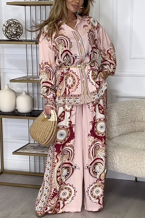 Camilladress Unique Print Long Sleeves Button Up Shirt and Wide Leg Palazzo Pants Set