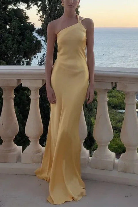 Camilladress One Shoulder Open Back Tie Knot Satin Maxi Dress