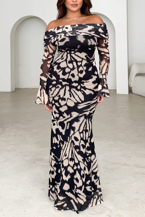 Off Shoulder Bell Long Sleeves Butterfly Effect Print Maxi Dress