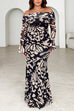 Off Shoulder Bell Long Sleeves Butterfly Effect Print Maxi Dress