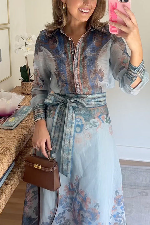 Long Sleeves Button Down Unique Print Blouse Shirt