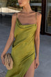 Camilladress High Slit Back Drape Cascading Satin Maxi Cami Dress