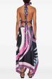 Camilladress Printed Halter Tie Knot Backless Top and Irregular Hem Maxi Skirt Set