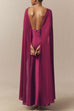 V Neck Open Back Cape Satin Maxi Dress