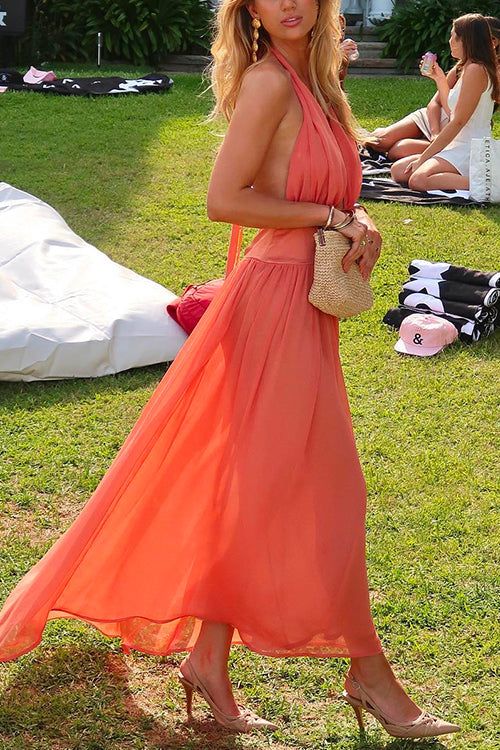 Camilladress Deep V Neck Halter Backless Flowy Maxi Party Dress