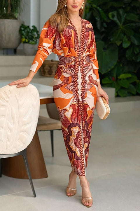 Camilladress V Neck Long Sleeves Ruched Slit Printed Midi Dress